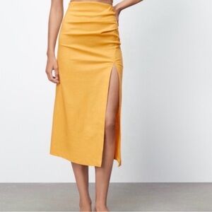 Zara Gold Yellow Linen Cotton Side-Slit Midi Skirt size S Party Vacation Resort